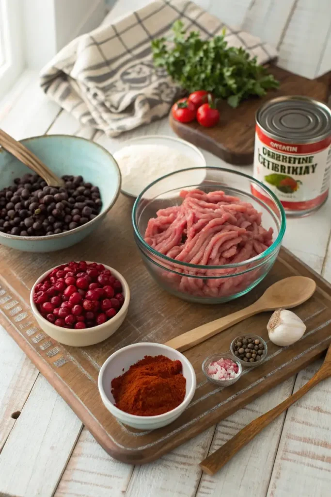 Flat lay of turkey cranberry chili ingredients on a wooden table