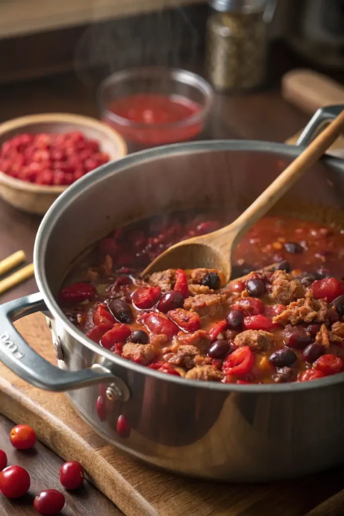 Pot of turkey cranberry chili simmering on the stove