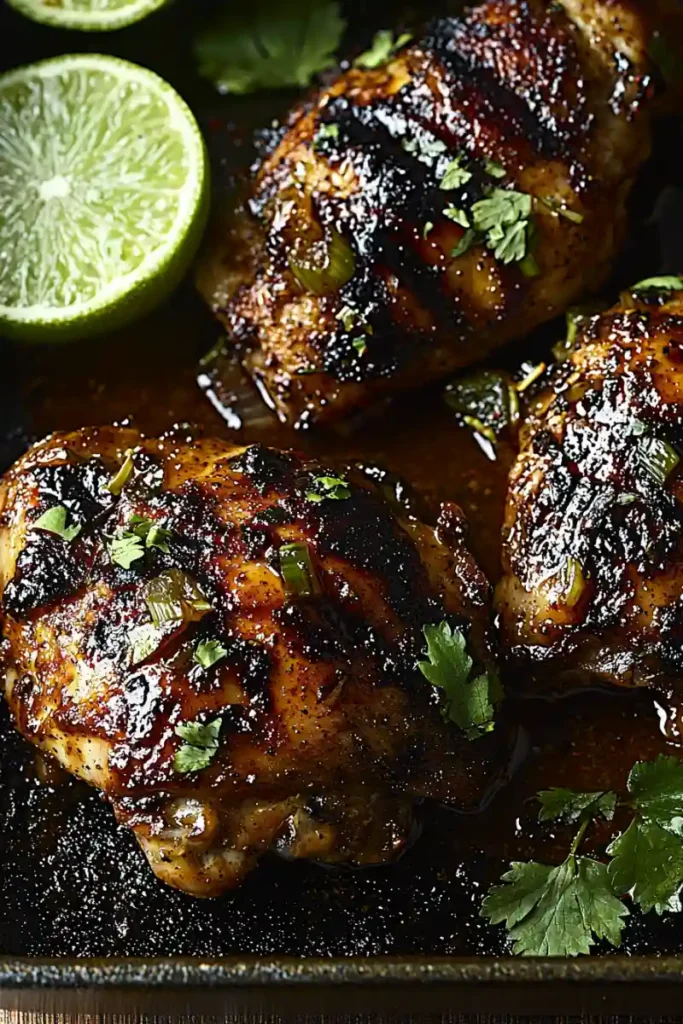 Smoky grilled jerk chicken Gordon Ramsay recipe with fresh cilantro and lime.