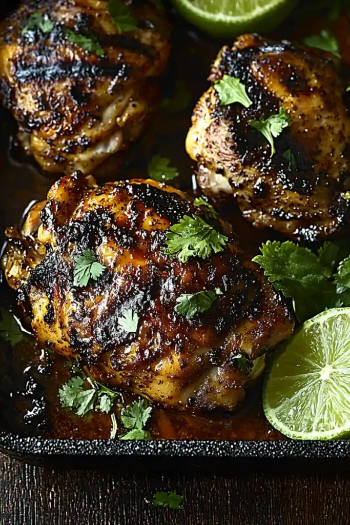 Jerk chicken Gordon Ramsay recipe served with lime wedges and fresh herbs.