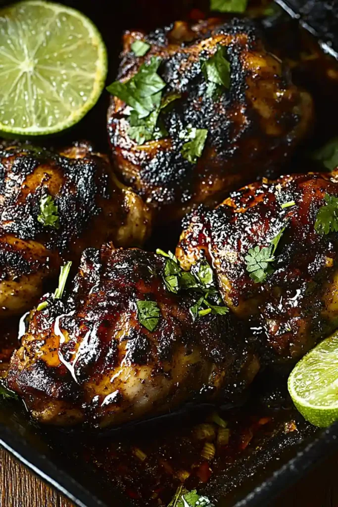 Grilled jerk chicken Gordon Ramsay recipe with lime and cilantro garnish.