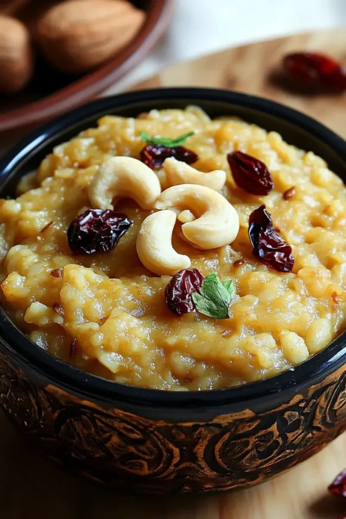 A bowl of warm Sakkarai Pongal with a sprinkle of cashews and golden raisins