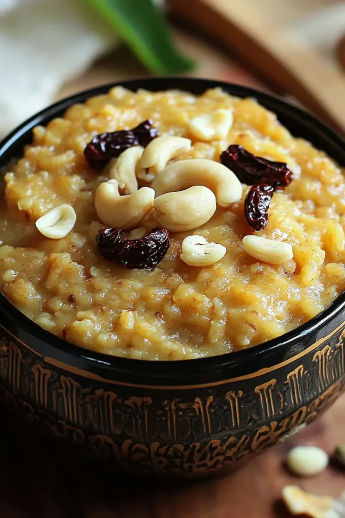 A hearty serving of Sakkarai Pongal with cashews and raisins on top.