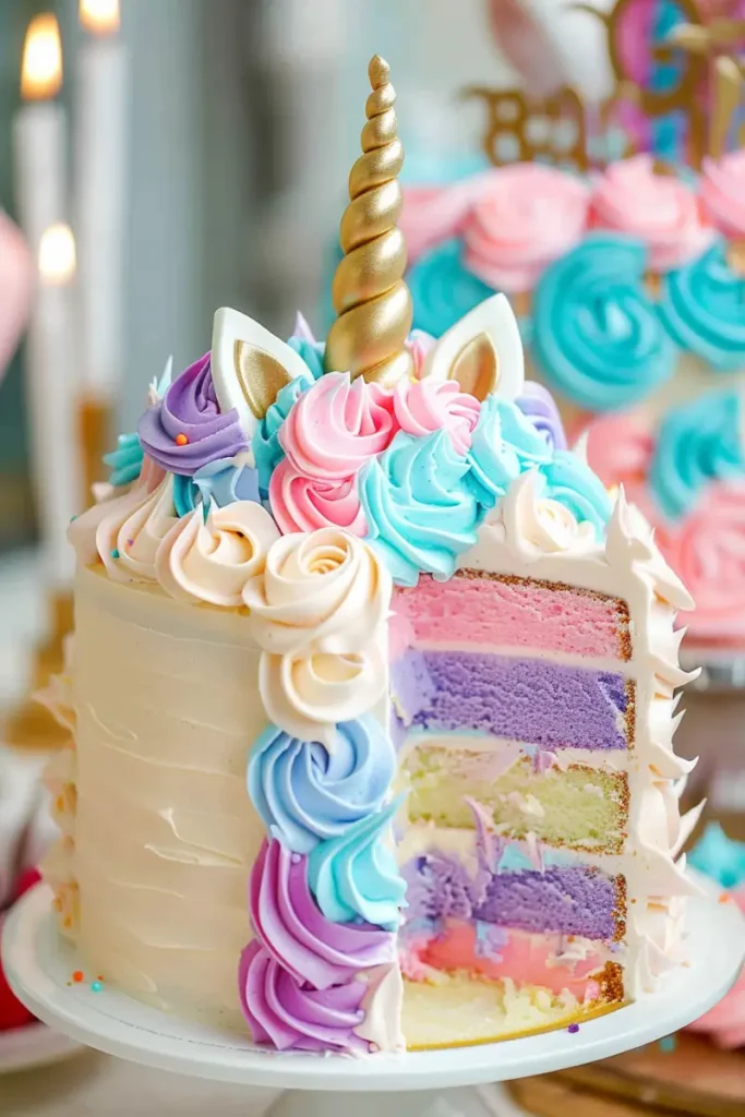 Unicorn cake with vibrant pastel-colored frosting swirls, a golden horn, and star-shaped sprinkles.