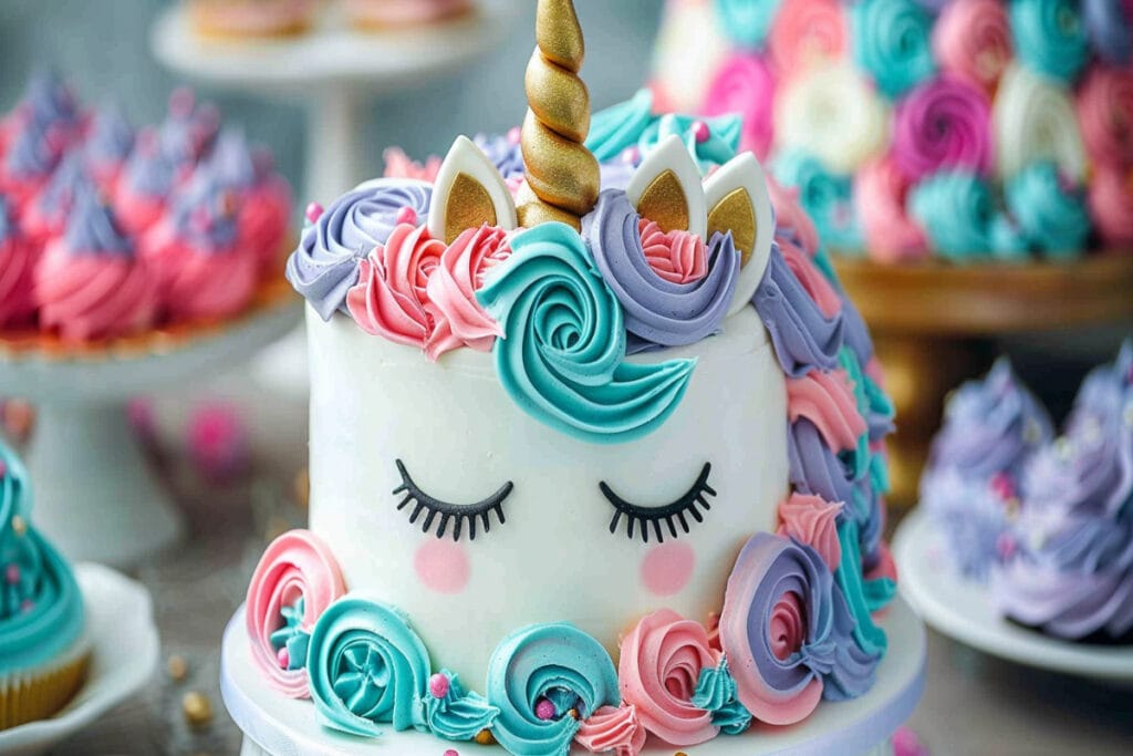 Unicorn cake with pastel-colored swirls of pink, blue, and purple buttercream, featuring a golden unicorn horn and eyes closed.