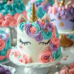 Unicorn cake with pastel-colored swirls of pink, blue, and purple buttercream, featuring a golden horn and decorated with star-shaped sprinkles.