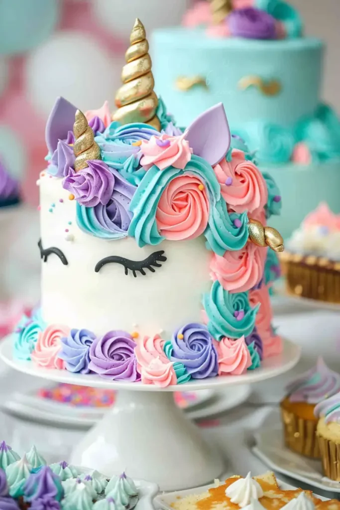 Unicorn cake decorated with pastel swirls of pink, blue, and purple frosting, featuring a golden horn and eyes closed.