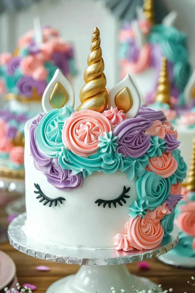 Unicorn cake with a golden horn, colorful pastel frosting, and a slice revealing pastel-colored layers inside.