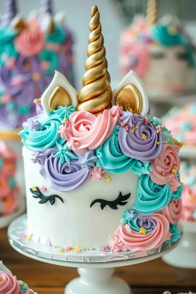 Unicorn cake with a golden horn and colorful pastel swirls of frosting in pink, blue, and purple, decorated with star sprinkles.