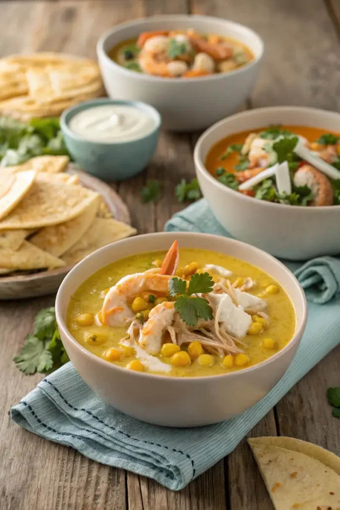 Three variations of El Salvadoran corn soup featuring chicken, shrimp, and a vegan version with coconut milk.