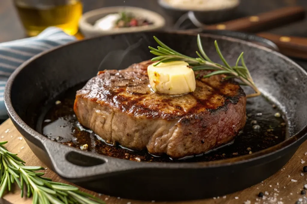 Gourmet Wagyu beef breakfast steak sizzling in a cast-iron skillet.