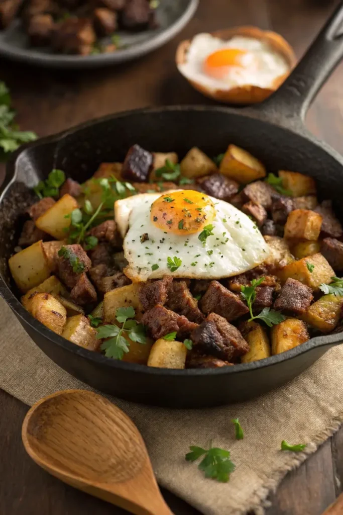 Wagyu beef breakfast hash with potatoes, onions, and a fried egg.