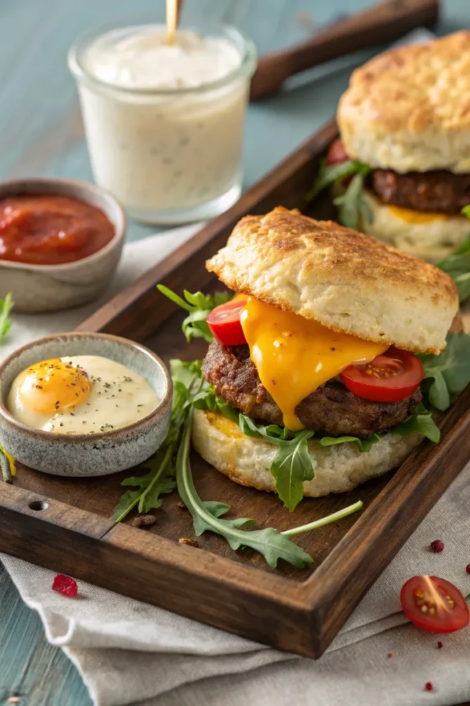 Wagyu sausage and biscuit sandwich with egg and cheese.