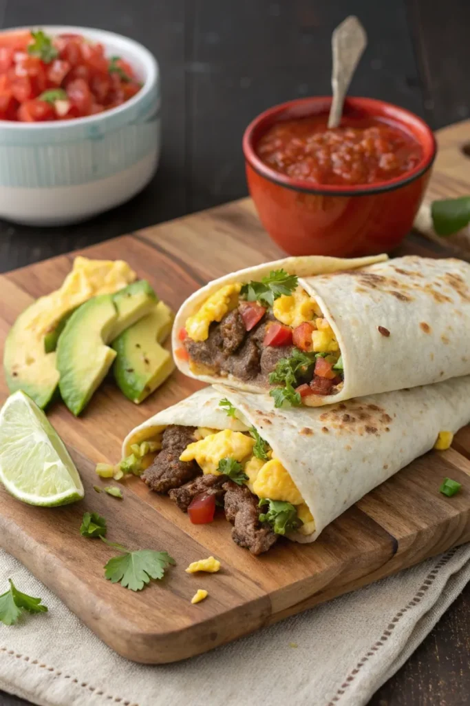 Wagyu breakfast burrito with eggs, cheese, and avocado.