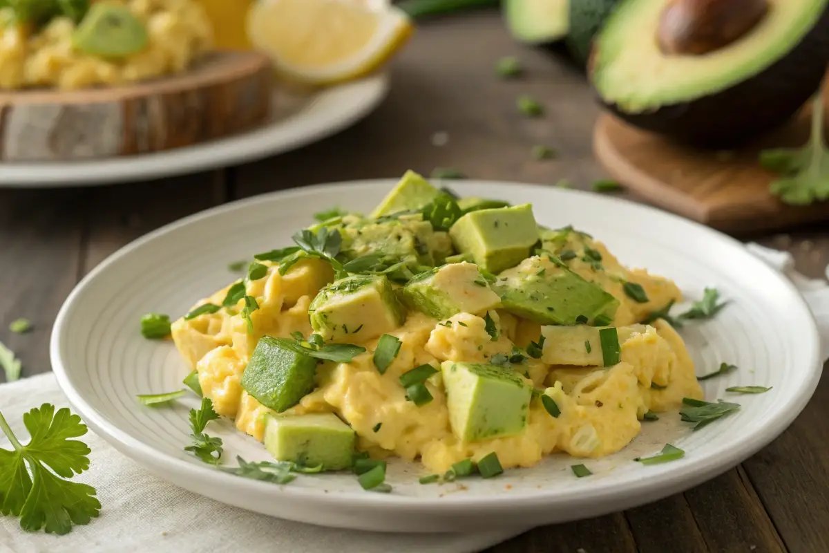 Creamy avocado scrambled eggs on a plate with fresh herbs.