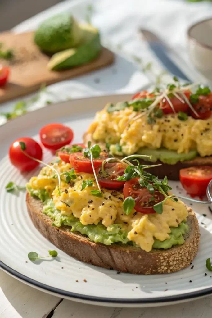 Avocado toast with scrambled eggs and cherry tomatoes.