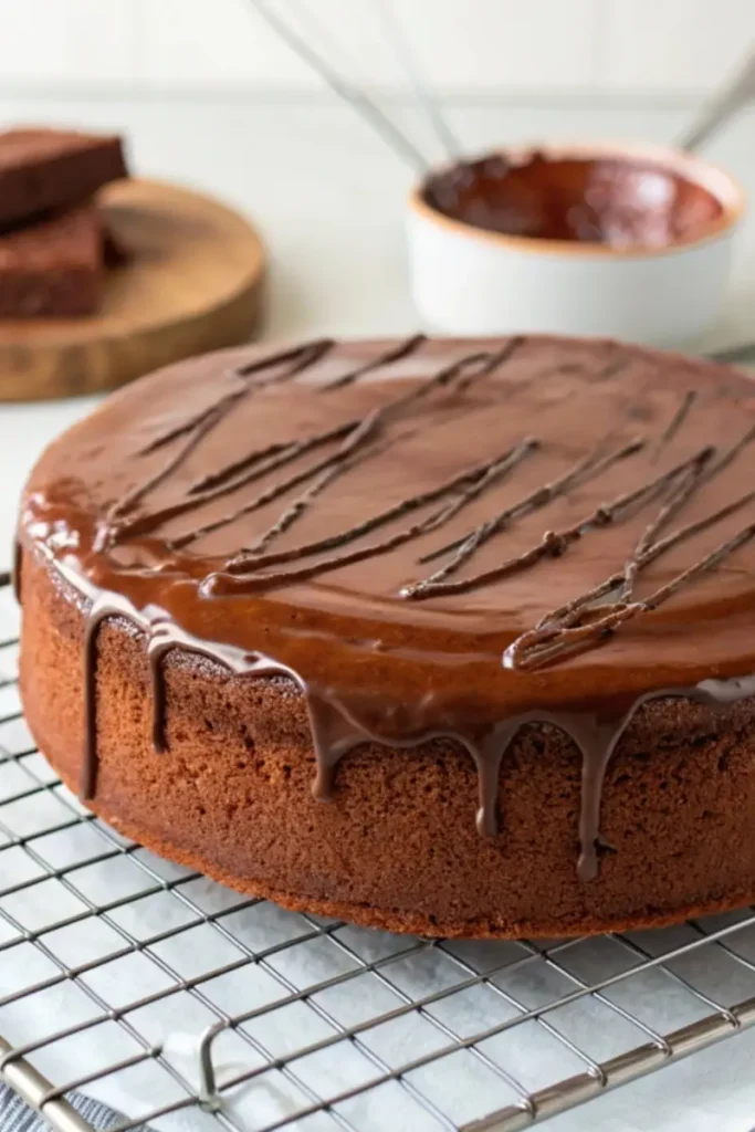 Freshly baked gluten free chocolate cake with chocolate ganache