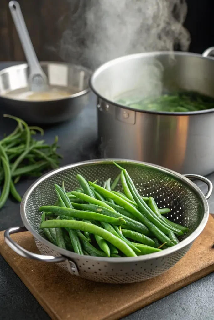 Freshly blanched green beans prepared using Gordon Ramsay’s method.