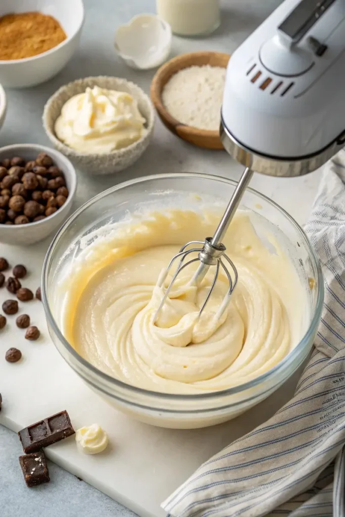 Cheesecake batter being mixed