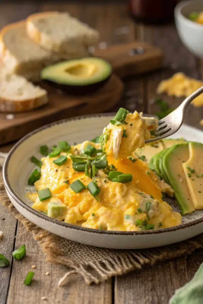 Avocado scrambled eggs with melted cheese and fresh herbs.