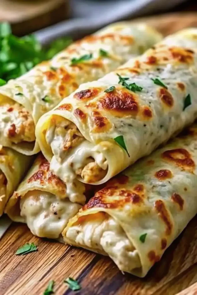 Cheesy garlic chicken wraps with melted cheese and fresh parsley