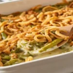 Hot and golden green bean casserole recipe topped with crispy fried onions.