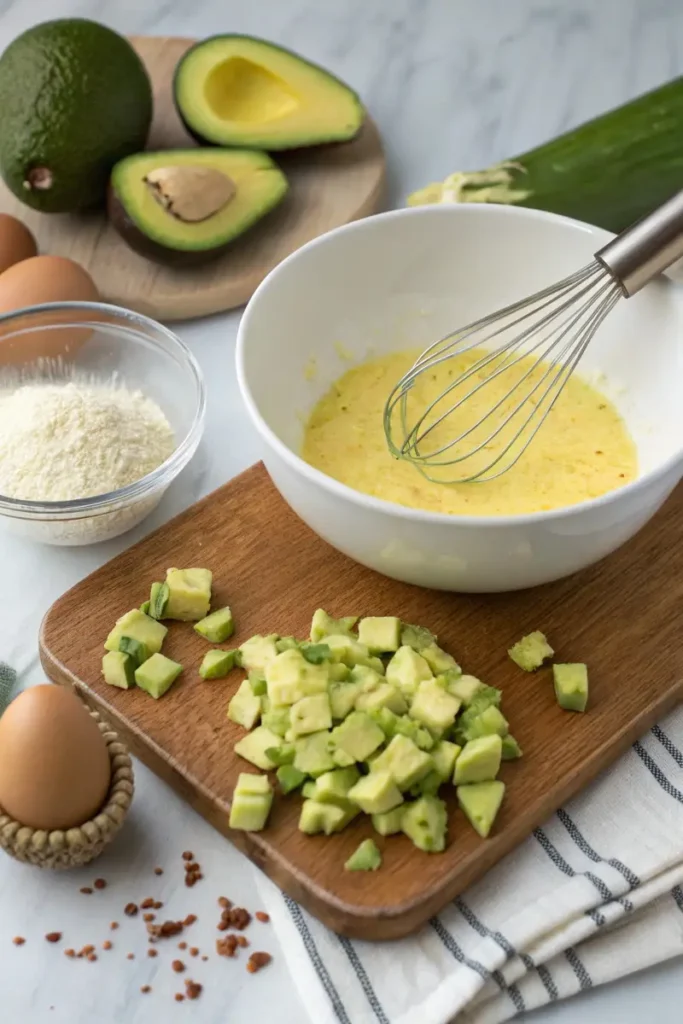 Step-by-step process of making avocado scrambled eggs.