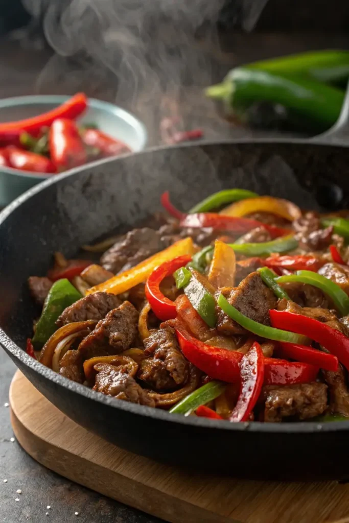 Beef and bell peppers stir-frying in a pan.