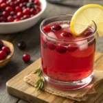 A glass of cranberry juice and apple cider vinegar with lemon, surrounded by fresh cranberries and a bowl of lemons on a wooden surface.