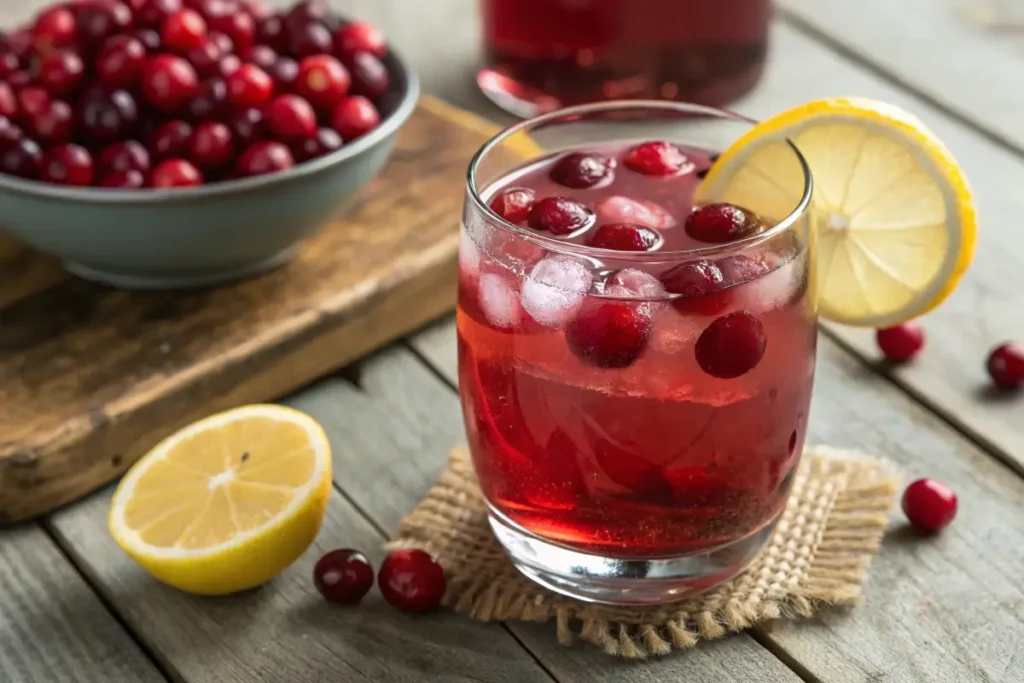 A glass of cranberry juice and apple cider vinegar with ice, garnished with fresh cranberries and a lemon slice, placed on a rustic wooden table.