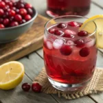 A glass of cranberry juice and apple cider vinegar with ice, garnished with fresh cranberries and a lemon slice, placed on a rustic wooden table.