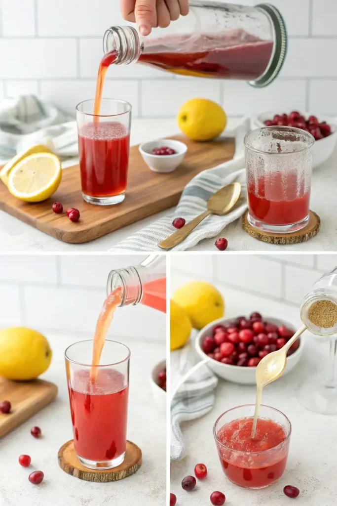 tep-by-step process of making cranberry juice and apple cider vinegar detox drink, including pouring juice, adding honey, and stirring ingredients.