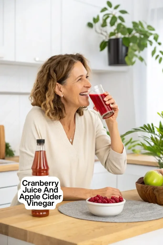 A happy woman enjoying a glass of cranberry juice and apple cider vinegar in a bright, modern kitchen.