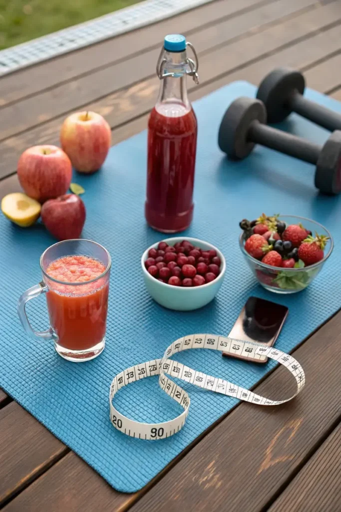 A bottle of cranberry juice and apple cider vinegar on a yoga mat, surrounded by fresh apples, cranberries, berries, and workout dumbbells.