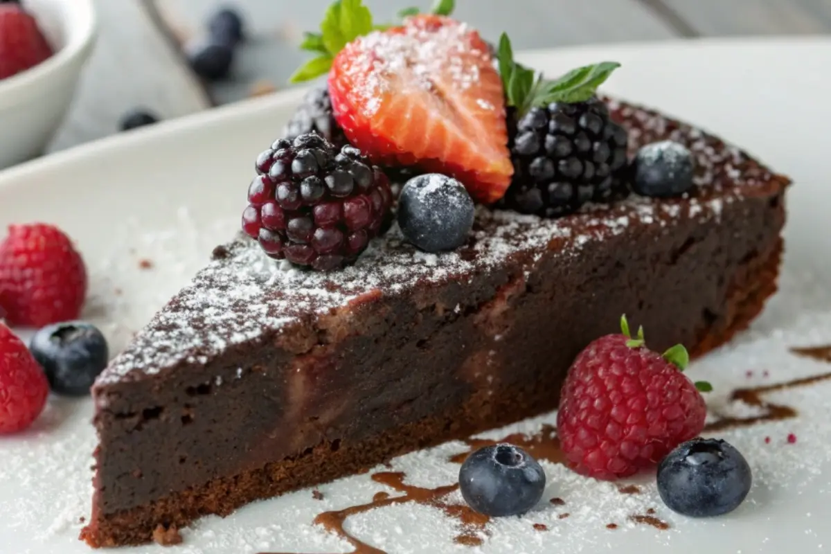 Rich gluten free chocolate cake slice with fresh berries