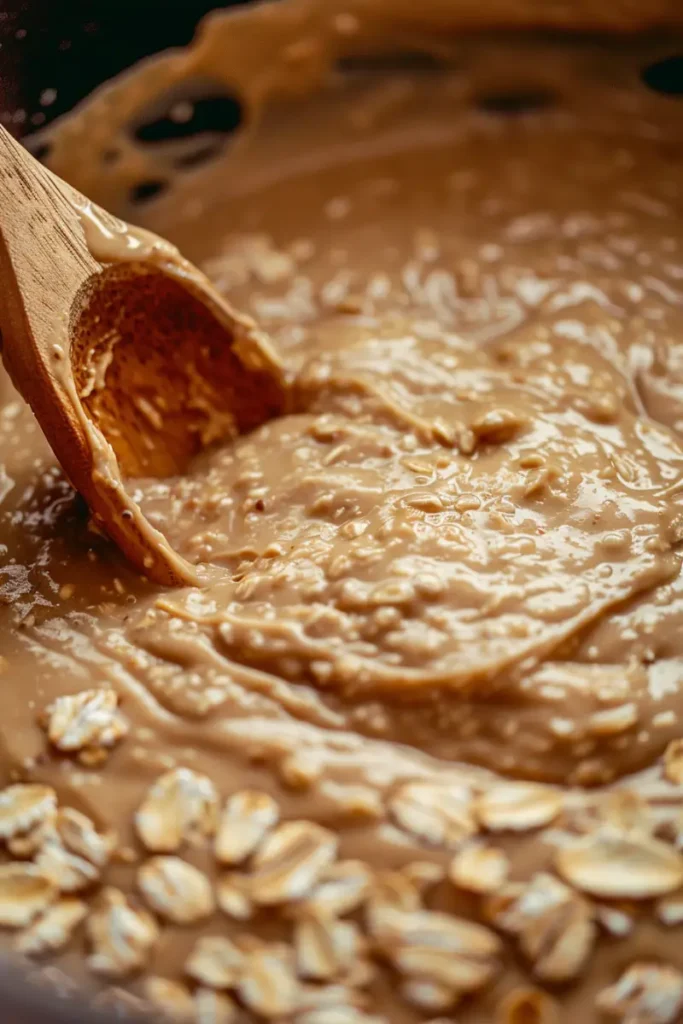 Mixing gluten-free honey oat bread batter with a wooden spoon.