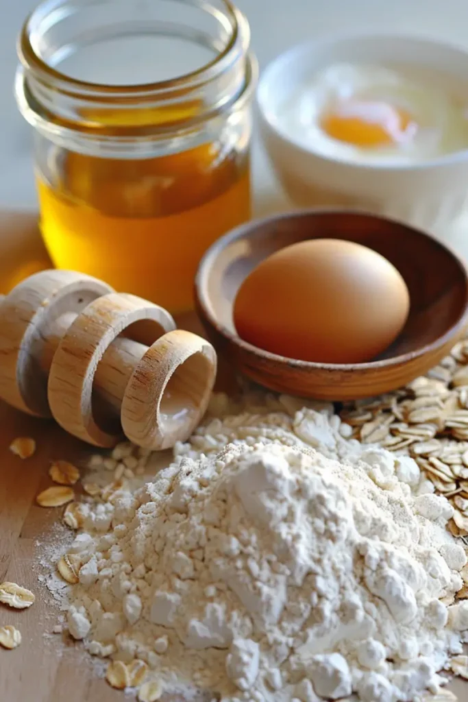 Gluten-free honey oat bread ingredients displayed on a kitchen counter.