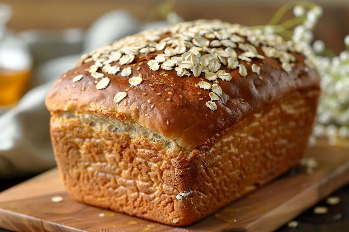 Freshly baked gluten-free honey oat bread with golden crust and oat topping.