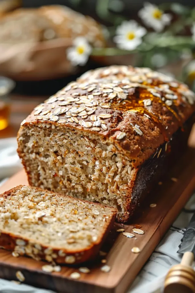 Sliced gluten-free honey oat bread with a soft, moist crumb and oat topping.