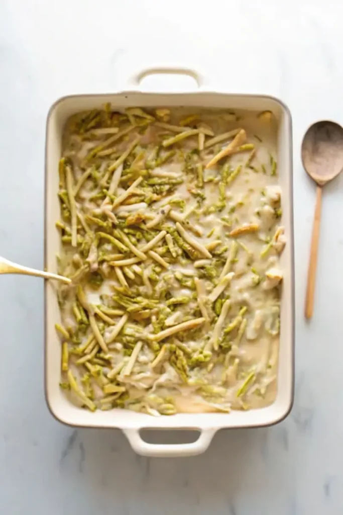 Green bean casserole mixture in a white baking dish, ready to be baked.