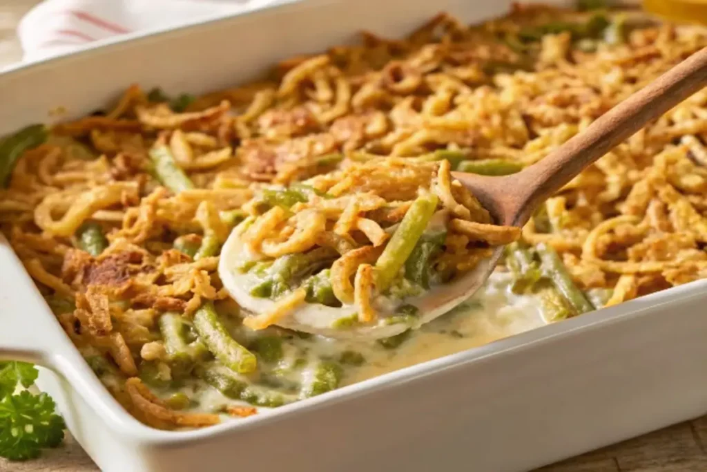 Freshly baked green bean casserole recipe with crispy fried onions.