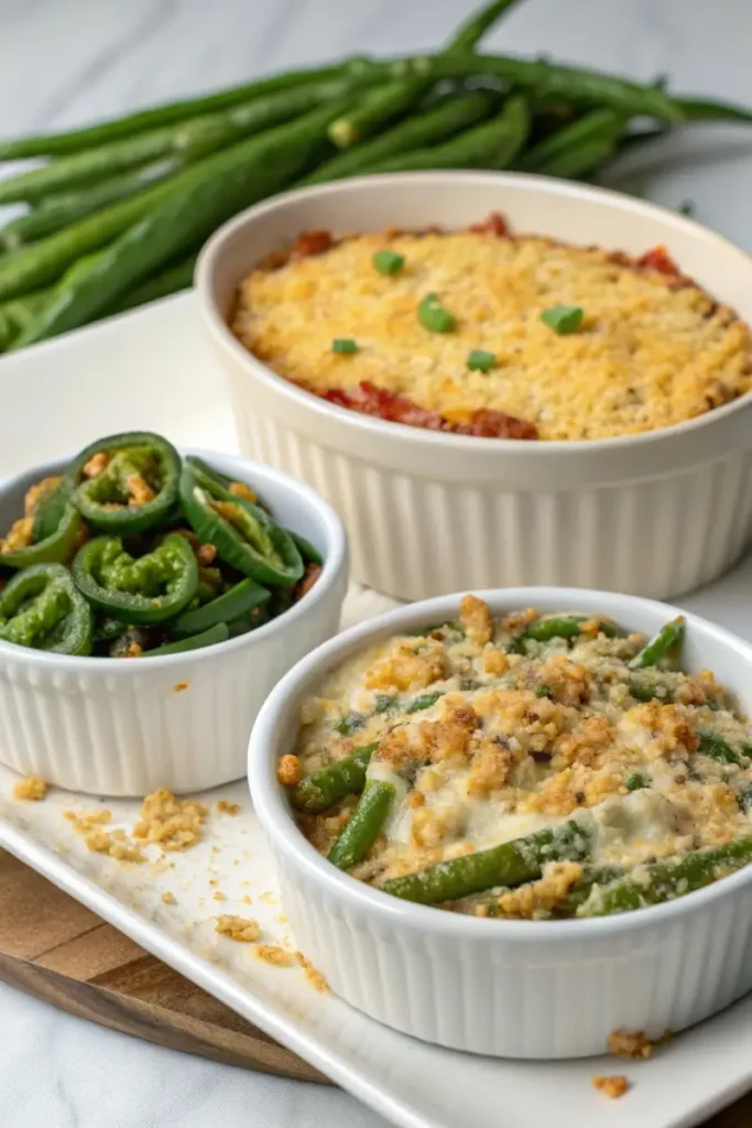 Three variations of the green bean casserole recipe, including cheesy, spicy, and gluten-free.