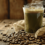 Steaming cup of green coffee keto with coffee beans on a wooden table