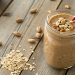 Thick banana-free protein smoothie in a mason jar with granola and almonds.