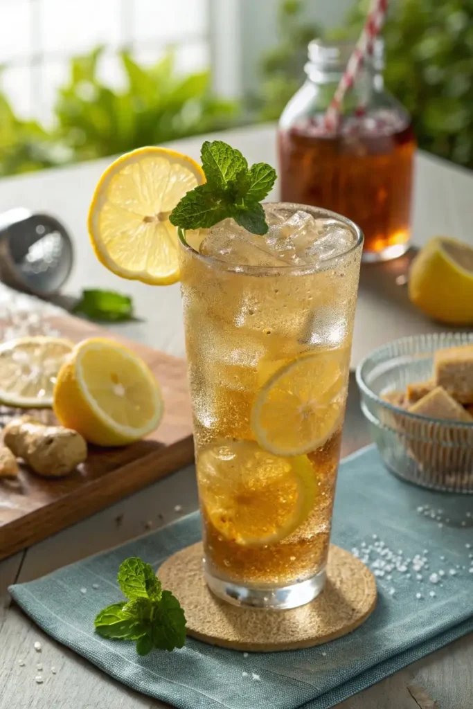 Iced Crystallized Ginger Lemon Tea with Lemon and Mint