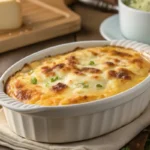 Keto Cottage Cheese Egg Bake in a white dish, golden brown and topped with green onions