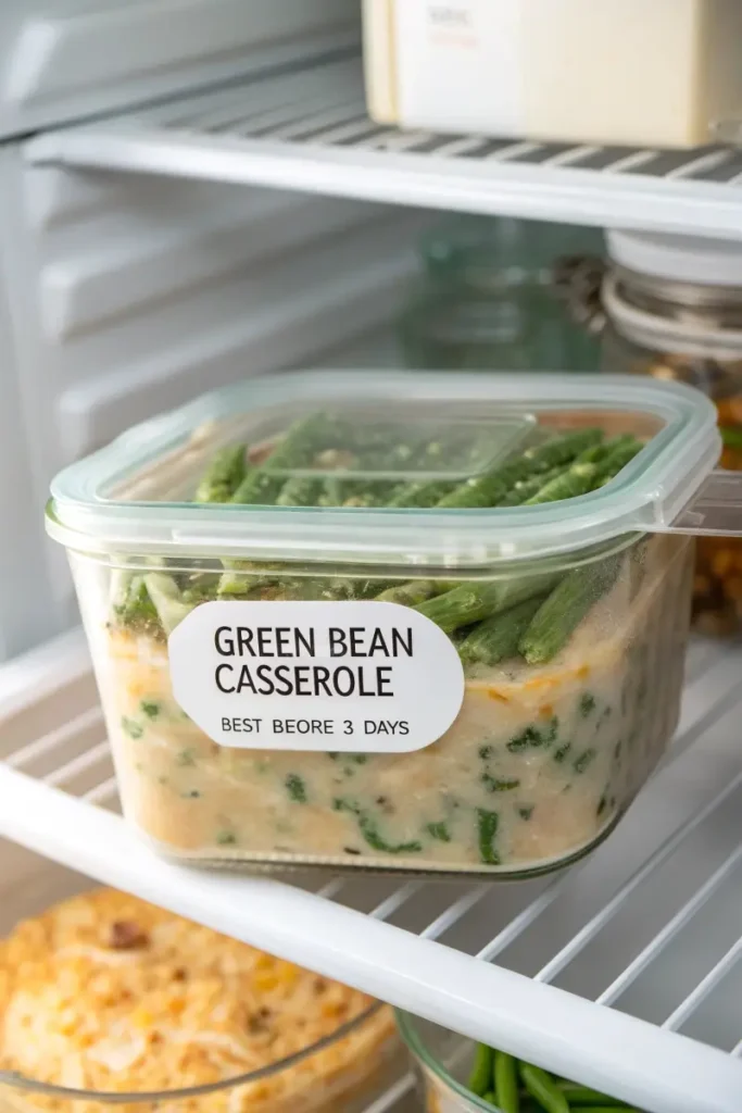 Stored green bean casserole recipe in a refrigerator.