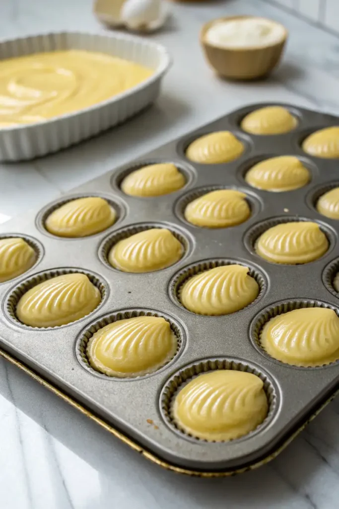 Madeleine batter in pan before baking