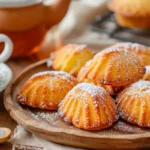 Madeline cookies recipe using cream, dusted with powdered sugar, served with tea.