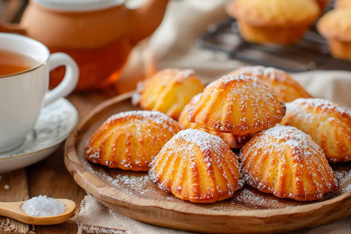 Madeline cookies recipe using cream, dusted with powdered sugar, served with tea.